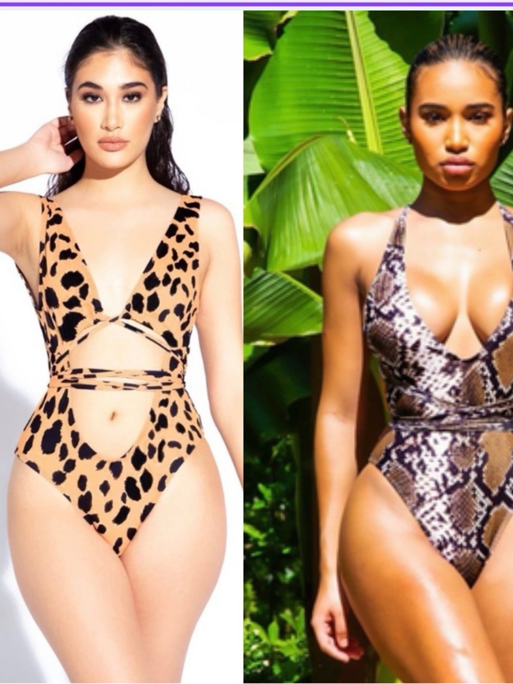 Set of TWO Animal Print One-Piece Swimsuit with Cutout - Beige/Black